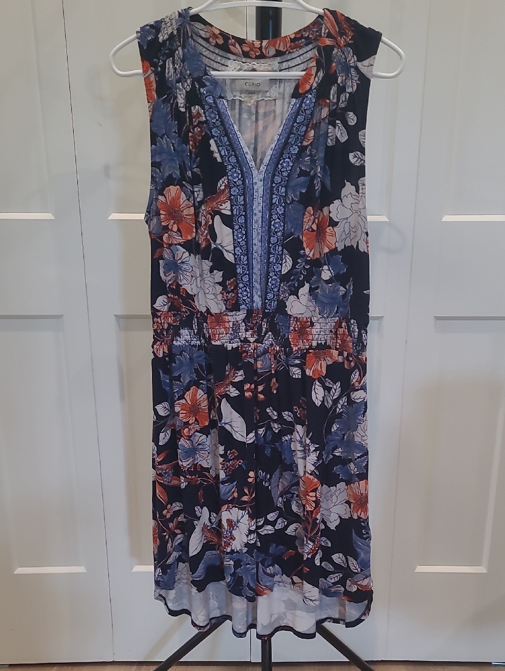 Cupio Navy Floral Midi Dress with Blue and Coral Accents